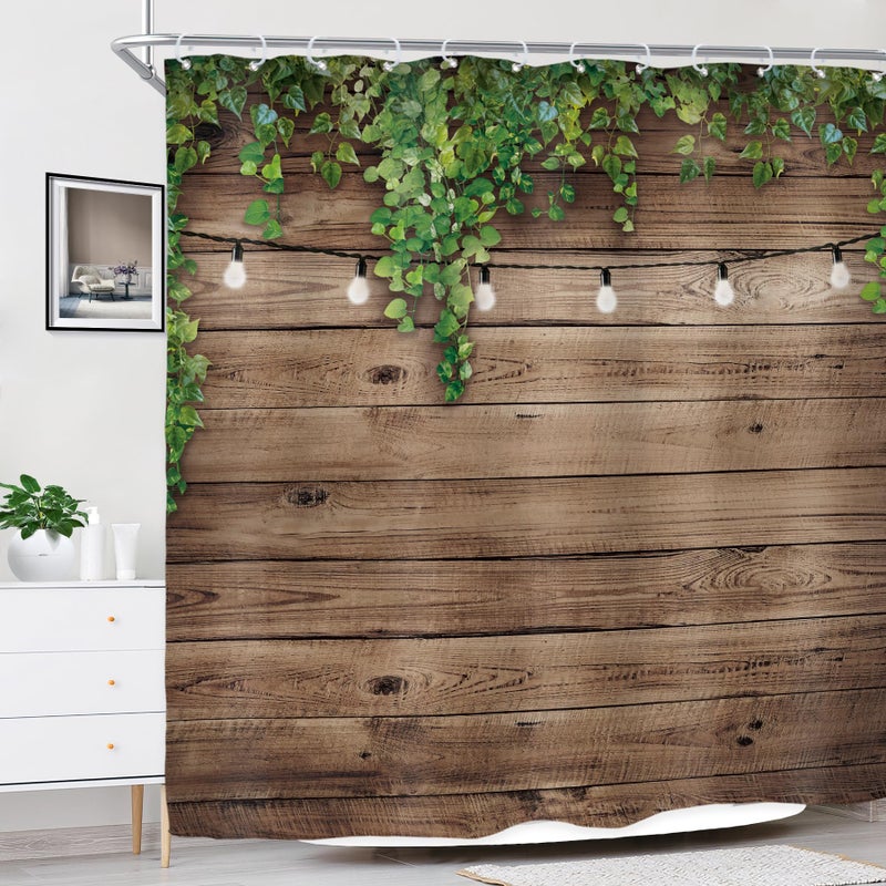 Riyidecor Extra Wide Wooden Clawfoot Tub Fabric Shower Curtain 108Wx72H Inch Rustic Wood Green Leaves 18 Pack Metal Hooks Western Farmhouse Brown Wall Board Bathroom Home Decor Waterproof Polyester - Image 3